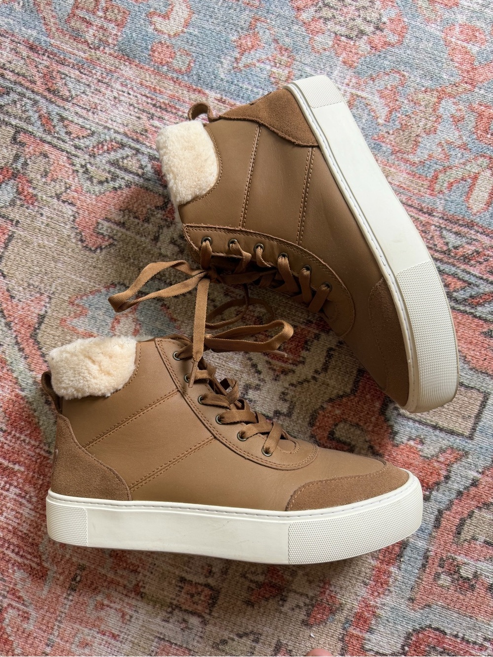 UGG Tan High-Top Faux Shearling Lined Sneakers with White Platform